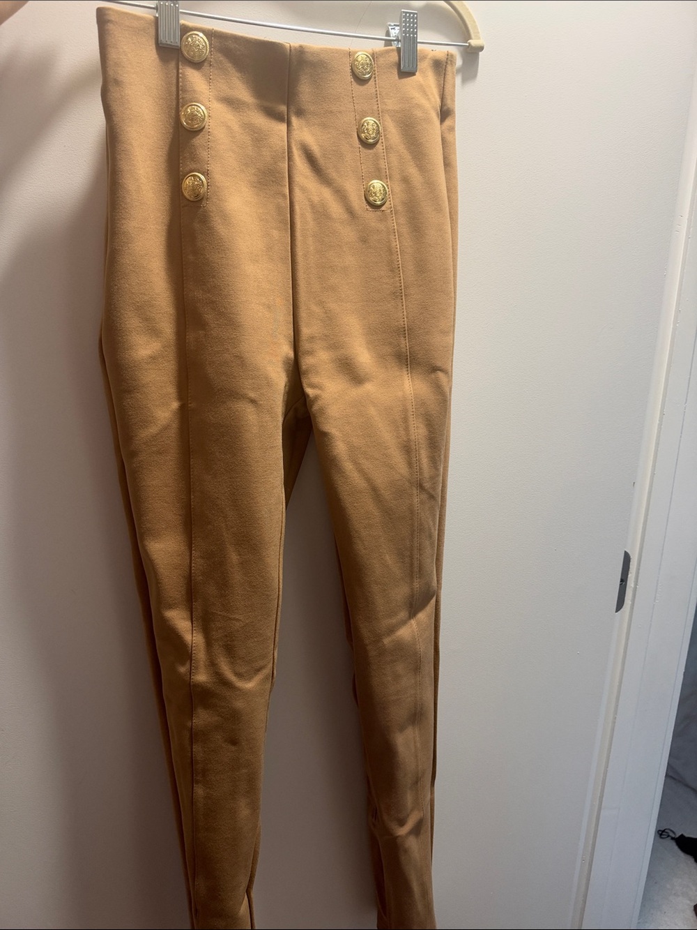 Zara Camel High-Waist Leggings with Gold Button Detail